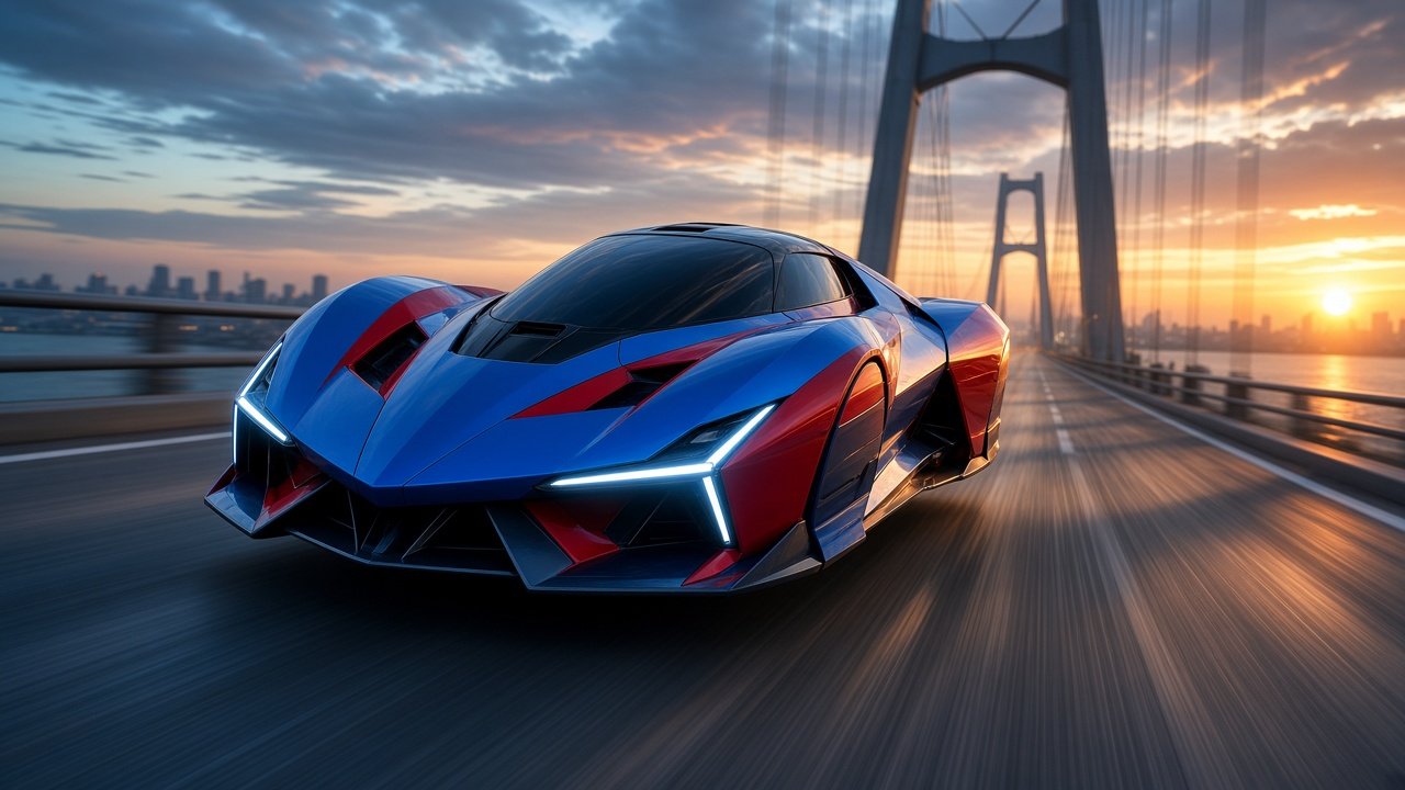 Roadster racing across a glowing bridge