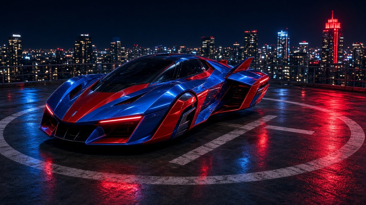 Roadster perched on a rooftop at dusk
