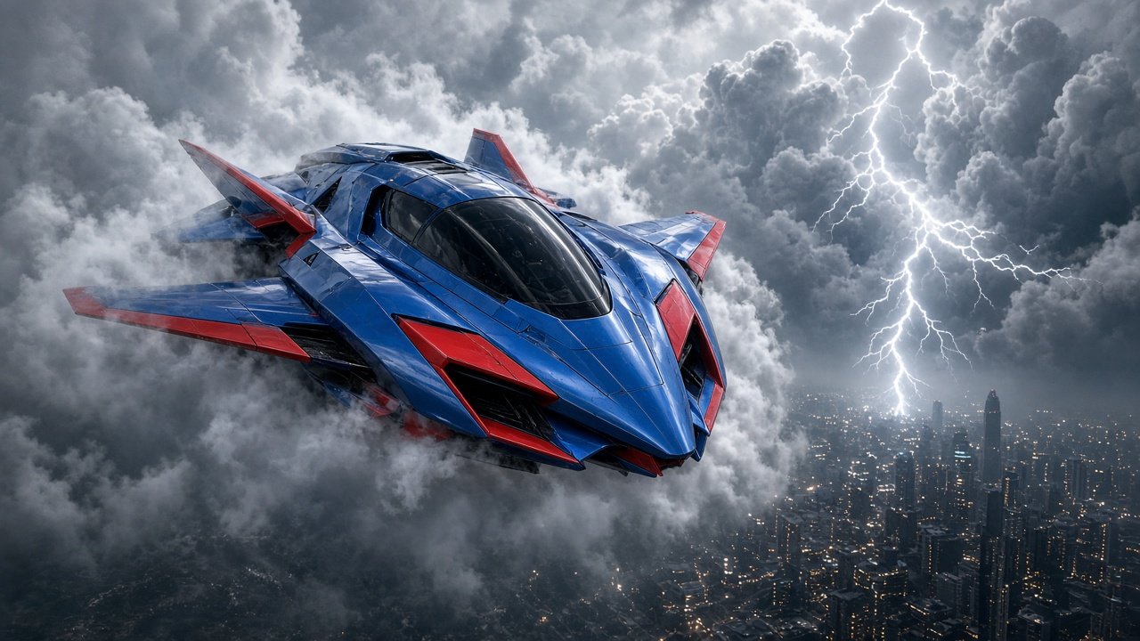 Roadster charging through a lightning storm